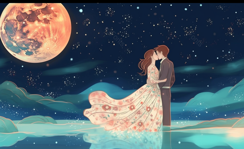 蓝色系月亮星空下情侣海边约会背景图,插画/手绘图,插画/手绘图库,插画/手绘图下载,插画/手绘